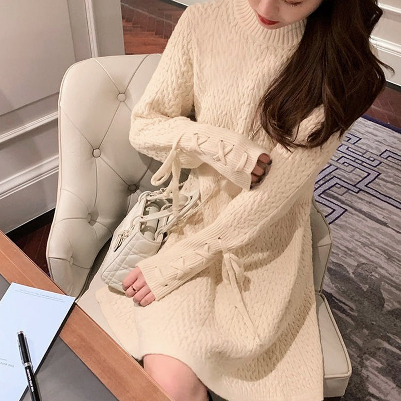 Winter Knit One Piece Dress Korean Casual Long Sleeve Elegant Mini Dress Women Lace-up Sweet Office Sweater Dress 2021 Spring