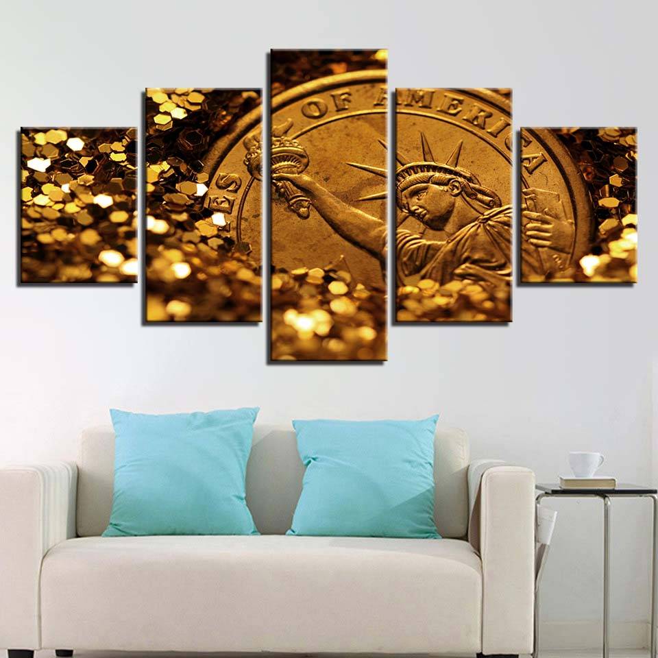 Modular Canvas Wall Art Pictures 5 Pieces Glittering Gold Painting Living Room Decor HD Print Statue Of Liberty Poster(No Frame)