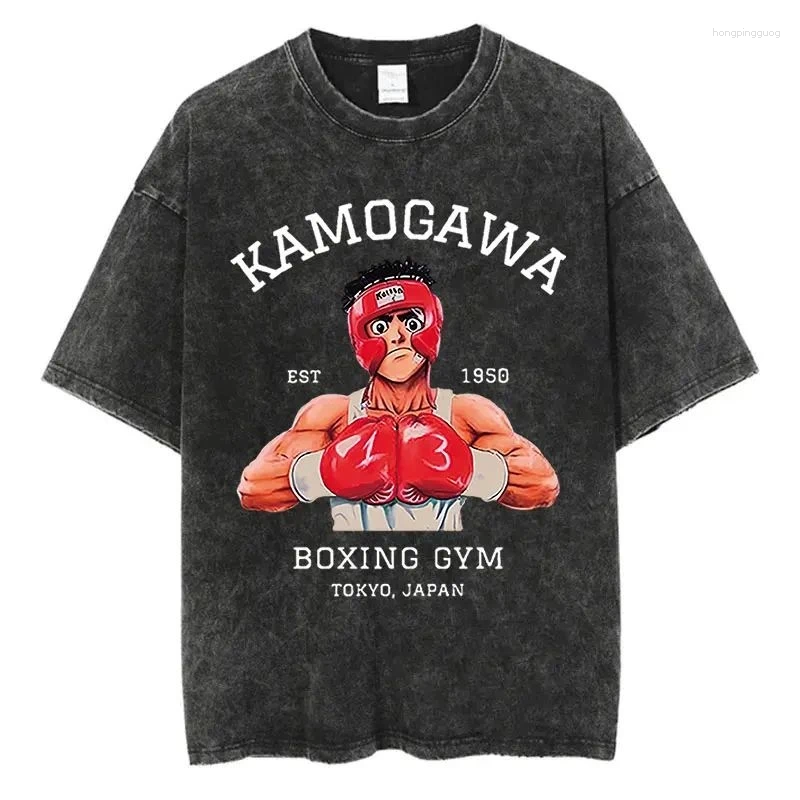 Men&#039;s Tracksuits Vintage Cotton Washed T-Shirt Anime Hajime No Ippo Kamogawa Boxing Gym Loose T Shirts Men Women Hip Hop Summer Top Tee