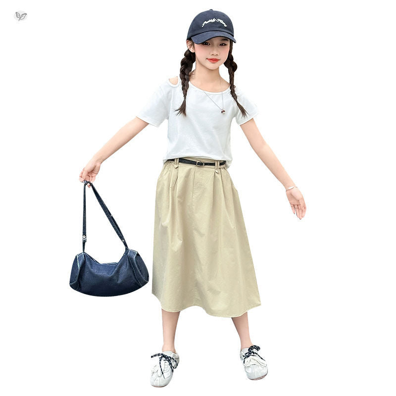 D280 Girls 2025 summer new suits stylish T-shirt skirts medium and large children&#039;s short-sleeved trendy T-shirt work skirt two-piece suit