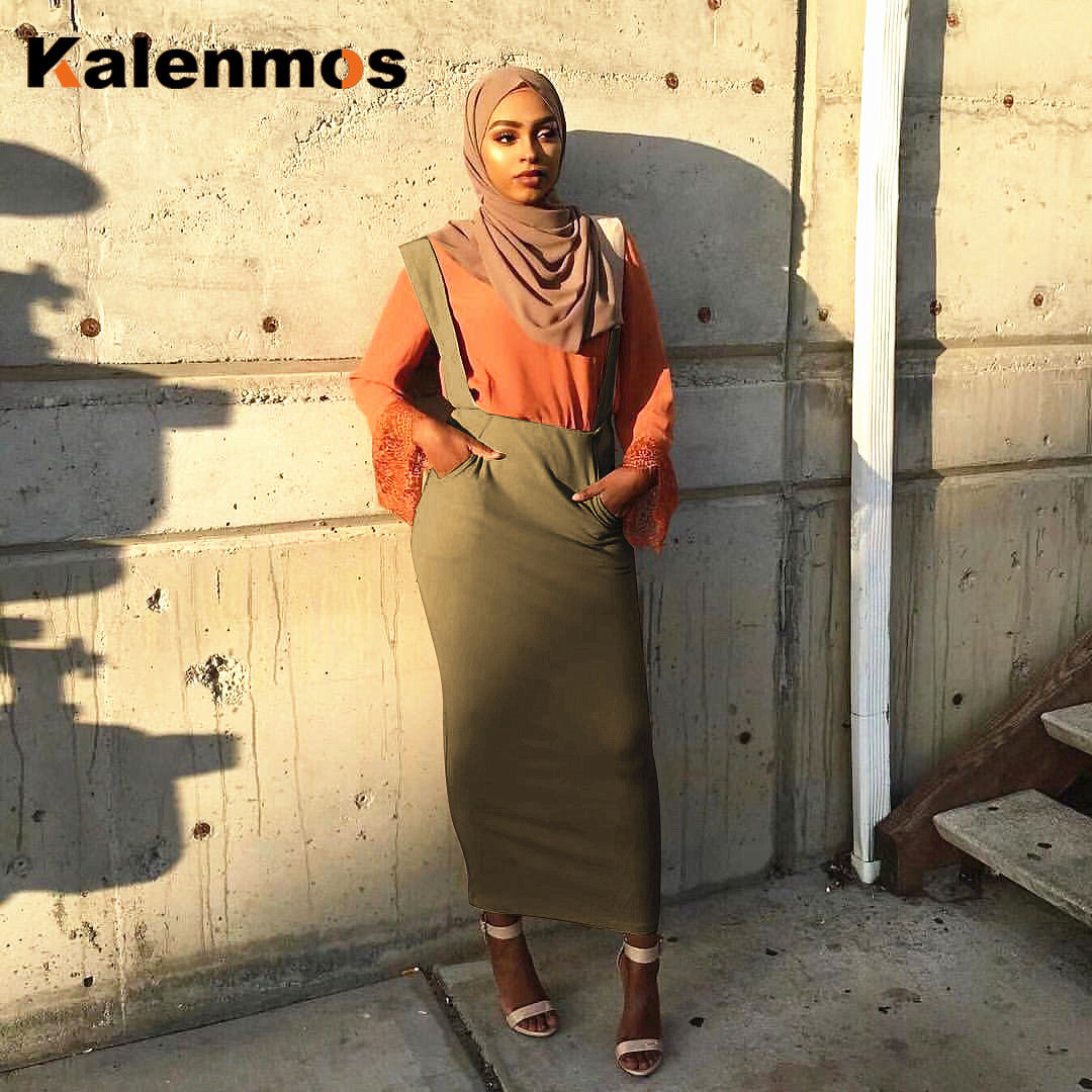 Muslim Suspender Skirt Women Two Shoulder Straps Skirts islam High Waist Bodycon Slim Pencil Skirt with Straps Islamic Clothing