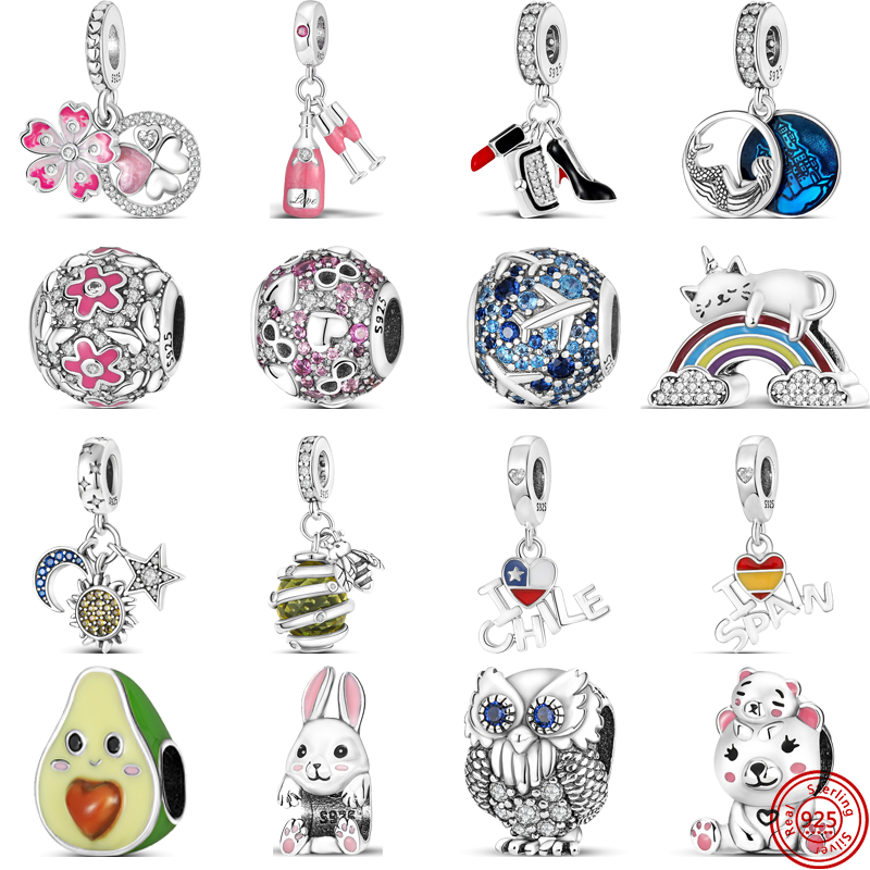 925 Silver Fit Pandora Charm 925 Bracelet Flowers Wine Glasses High Heels Lipstick Stars Moon Sun Spain charms set Pendant DIY Fine Beads Jewelry