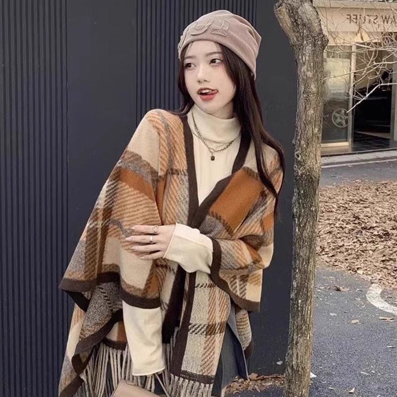 New No. 318 Spring and Autumn new fashion plaid ethnic style shawl long tassel fashionable and stylish shawl outerwear