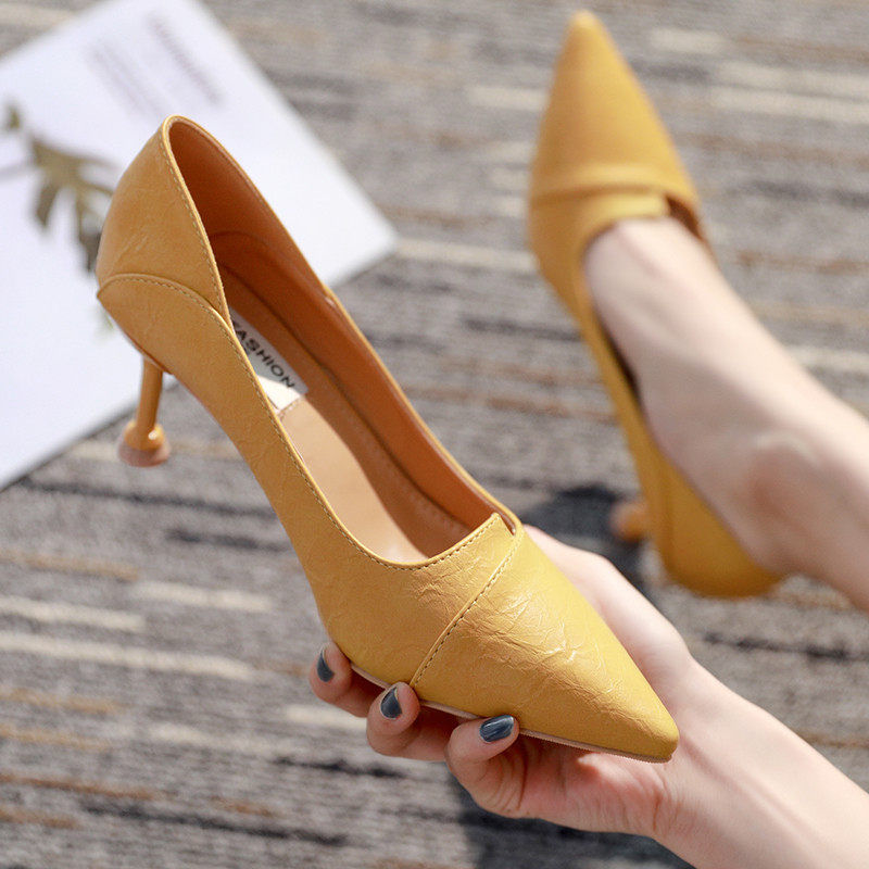 women fashion sweet yellow pu leather stiletto heels for party & night club lady black summer office heel shoes a1