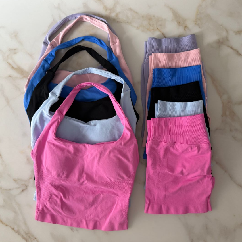 2Pcs Gym Set Wider Women Sports Backless Halter Tank Tops Vest High Waist Scrunch Seamless Shorts Gym Suit Fitness Clothes Activewear Workout Sets Y