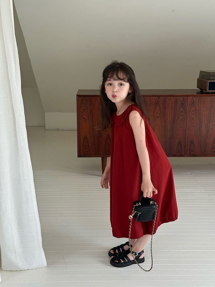 D66 Girls Korean style solid color dress baby soft cotton dress children&#039;s summer sweet and cute doll collar vest dress