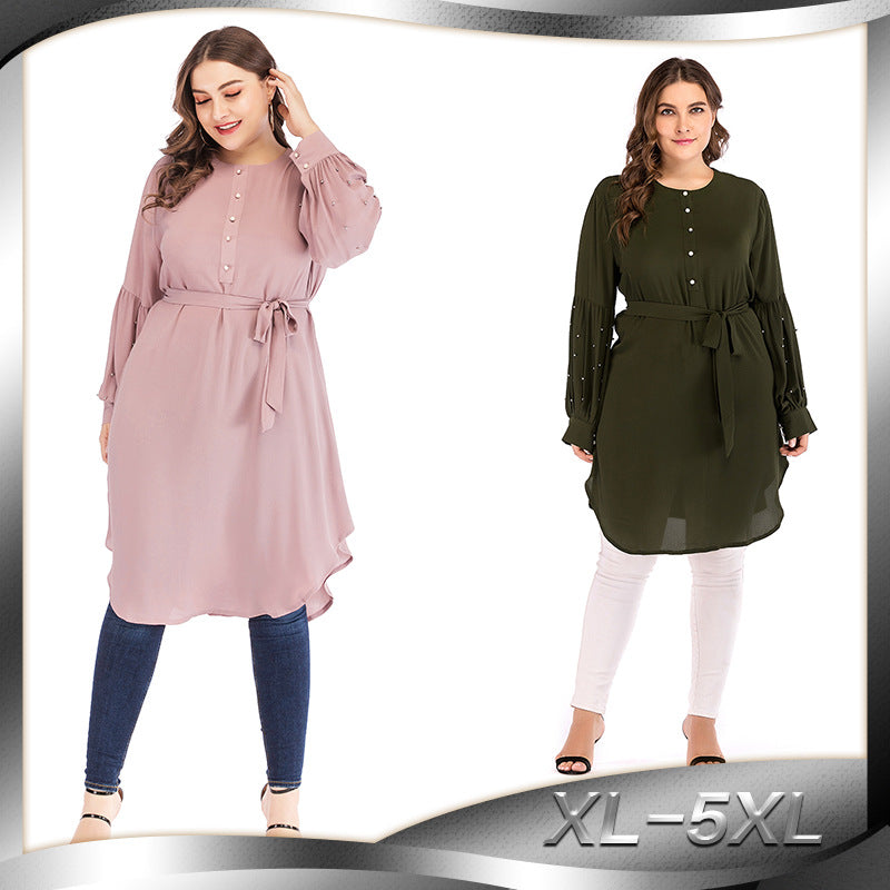Loose Muslim Tops Long Shirts and Blouses Women O Ne Lace-up Lantern Sleeve Shirt and Blouse Solid Outwear Clothing Plus Size