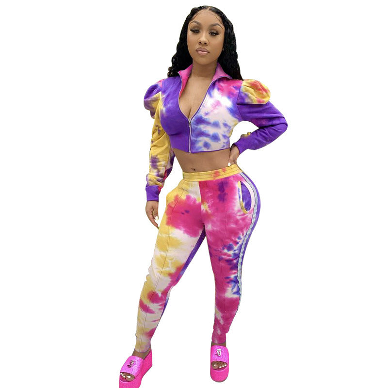 K9646 Cross-Border Foreign Trade Best-Selling New Type European and American Sports Suit Printing Tie-Dye Gradient Long-Sleeved Bubble Sleev