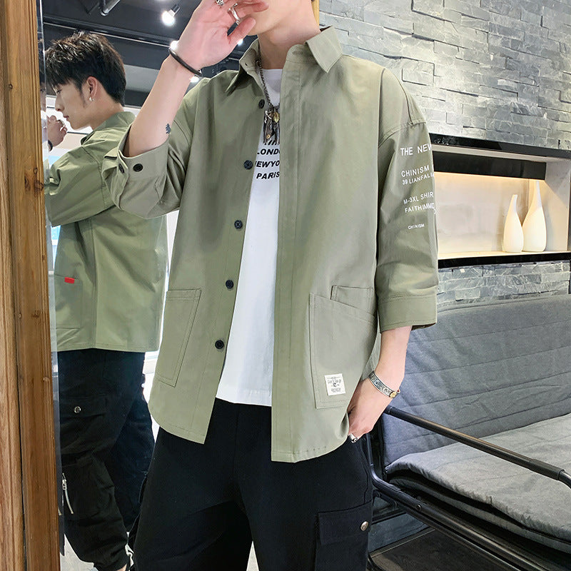 Mens Casual Shirt Fashion Trendy 3-4 Sleeve Shirt Youth Popularity Handsome Cool All-Match Cotton Shirt Men