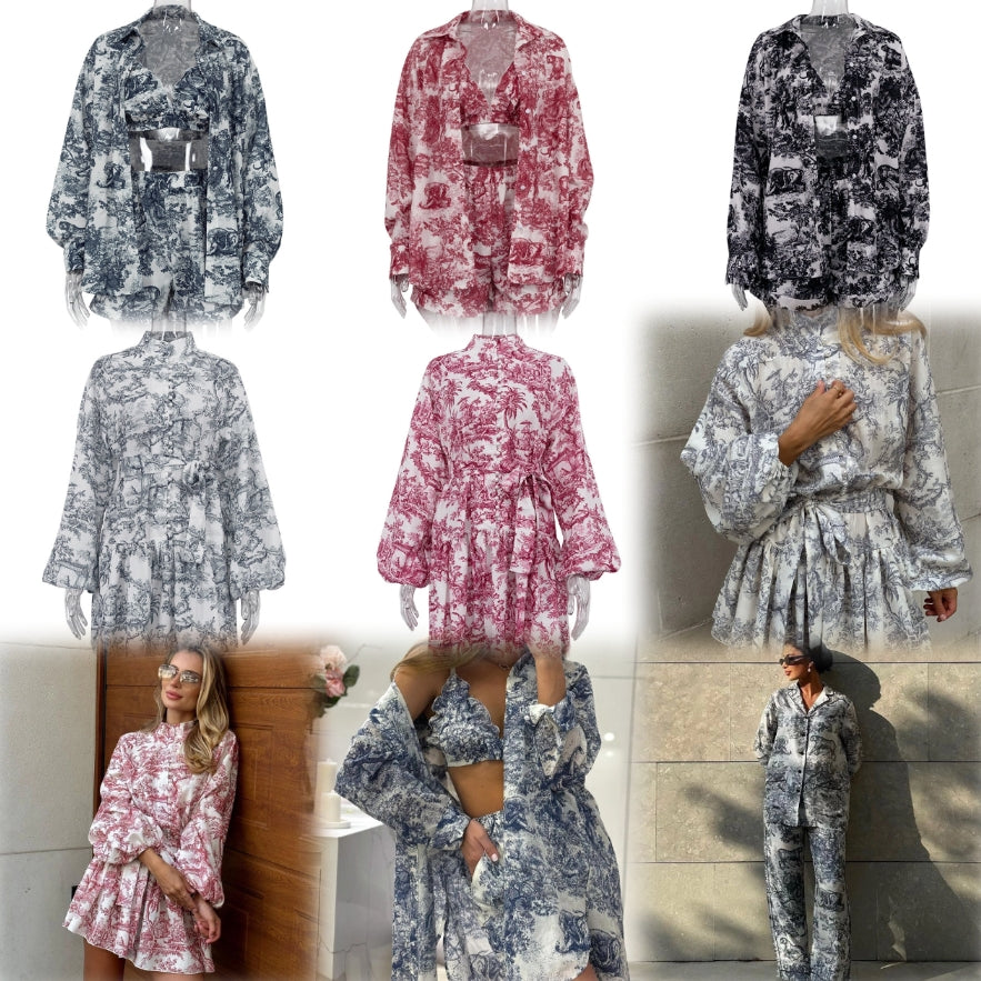 Women&#039;s Two Piece Pants Clacive Fashion Loose Print 2 Sets Women Outfit 2024 Elegant Long Sleeve Blouses With High Waist Set Streetwear