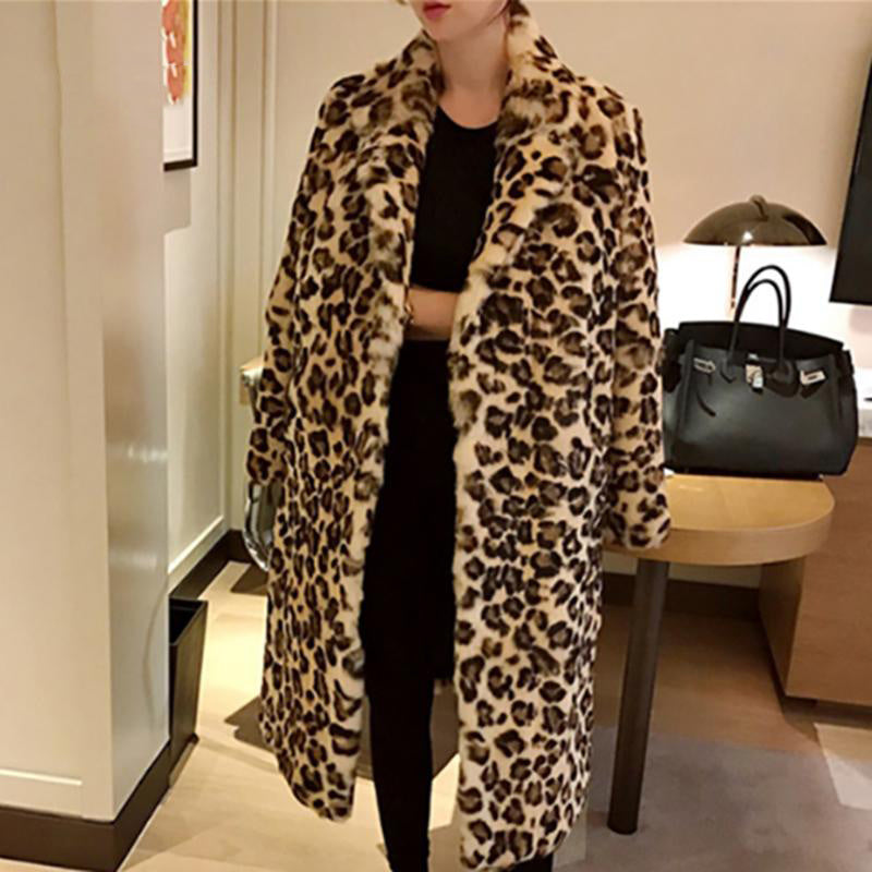 Classic Leopard Print Color Faux Fur Coat Women Long Thi Warm Jaets Fluffy Star Style Overcoats Winter Street Outerwear 2021