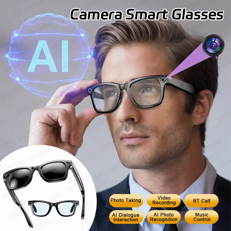 New Camera Glasses Bluetooth Smart Glasses with Camera Voice Call Music Smart Sunglasses Video Sound Record Anti-blue AI Glasses