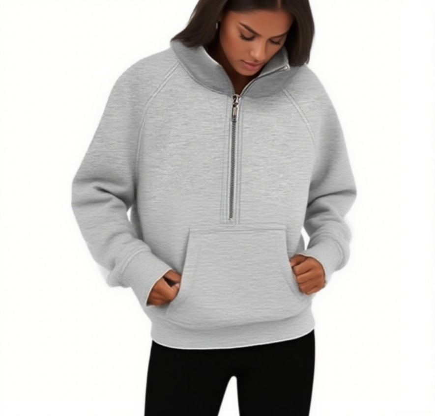 CNLONGBIDA Women&#039;s Hoodies Stand Collar Cropped Pullover Half Zip Women Overzised Hoodie Thumb Hole Long Sleeve Clothes Solid Color Loose Fit D