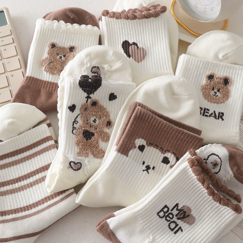 Coffee colored teddy bear socks children&#039;s mid tube ins trendy Korean version cotton socks Japanese cute student sports autumn and winter long