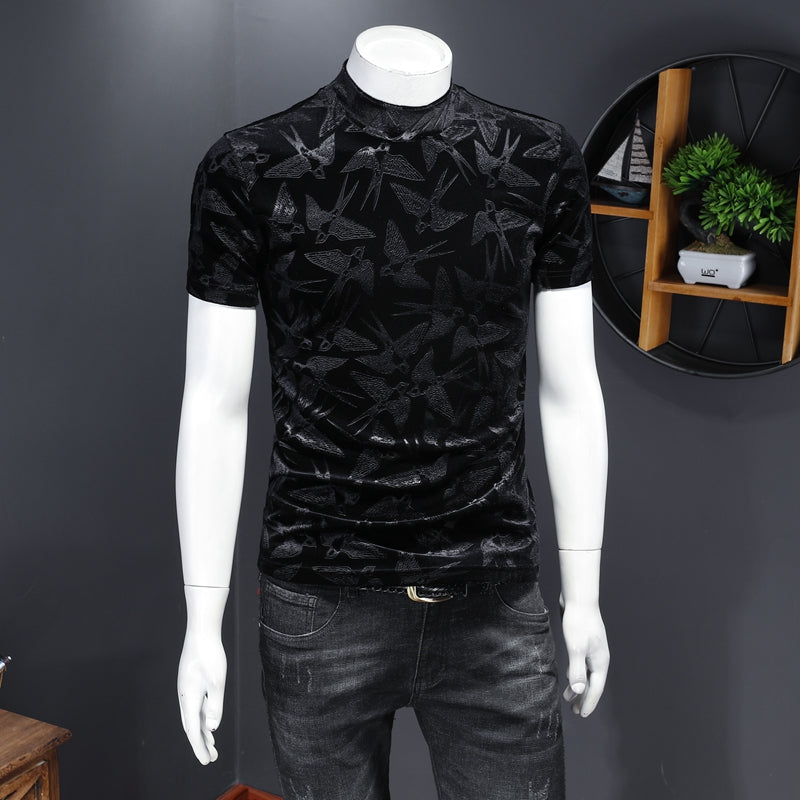 mens autumn and winter highneck shortsleeved tshirt bottoming shirt dark flower halfsleeved youth thickening and velvet tshirt