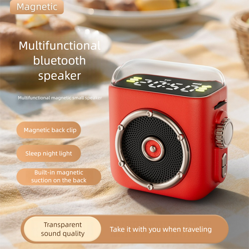 P6 Wireless Speaker with Magnetic Back Clip: Bluetooth, Portable for Home-Outdoor, Clock Night Light, Card Support & Subwoofer