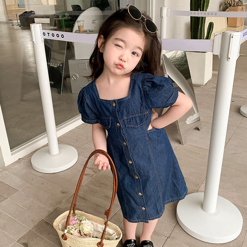 D172 Girls summer denim skirt baby girl new style fashionable waist-baring mid-length denim skirt girls short-sleeved dress