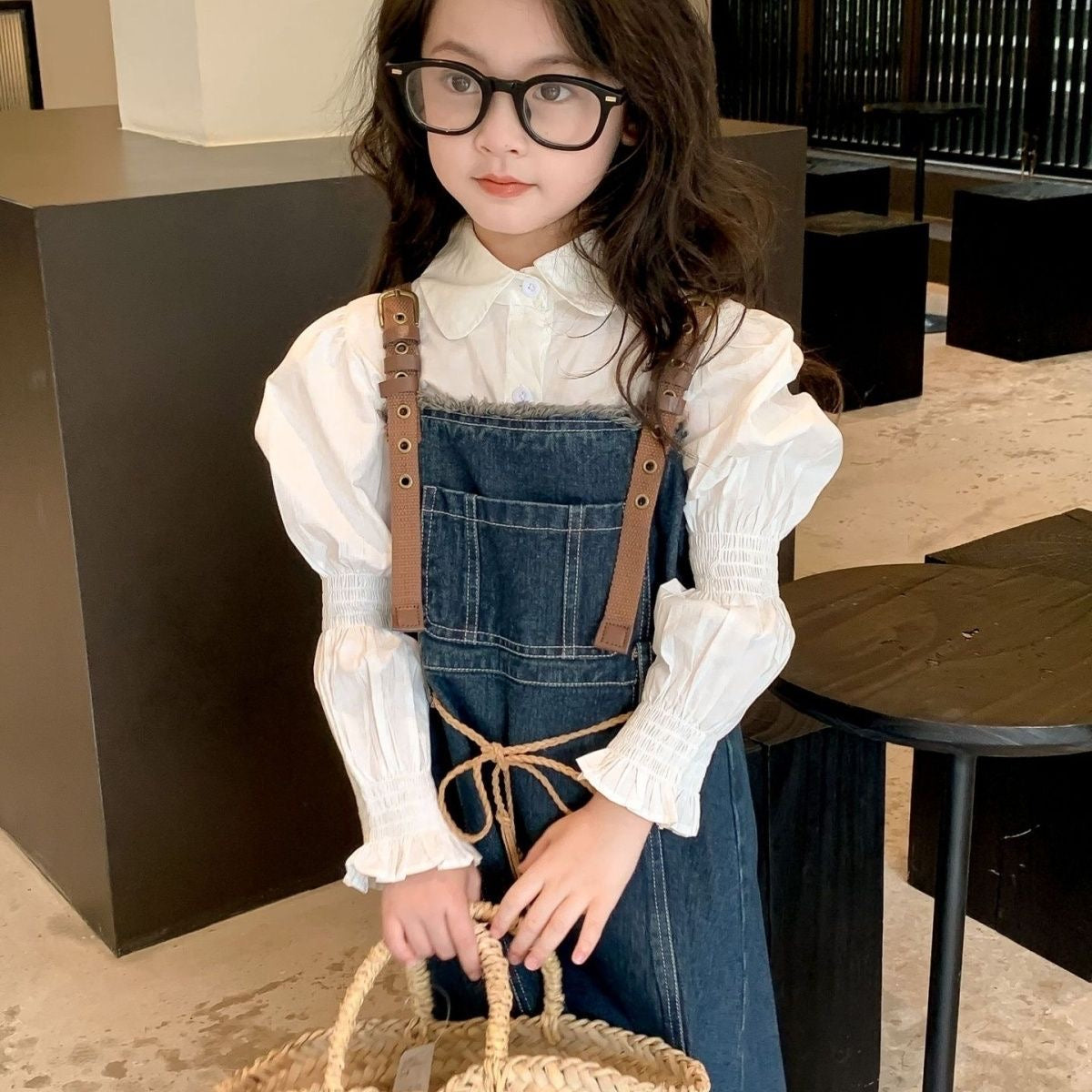 D458 Korean children&#039;s clothing 2024 spring new girls denim suspenders children&#039;s shirt denim skirt Western style suit