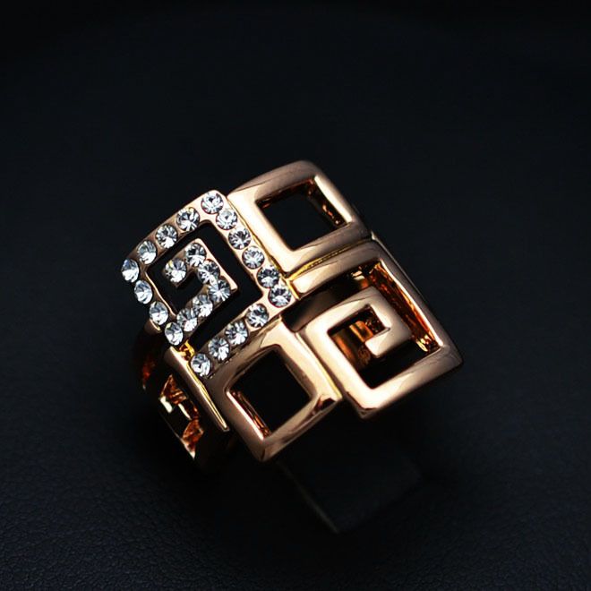 New Fashion jewellery 18K Champagne gold plated Austria crystal Geometry big finger ring for women girl nickel free R726