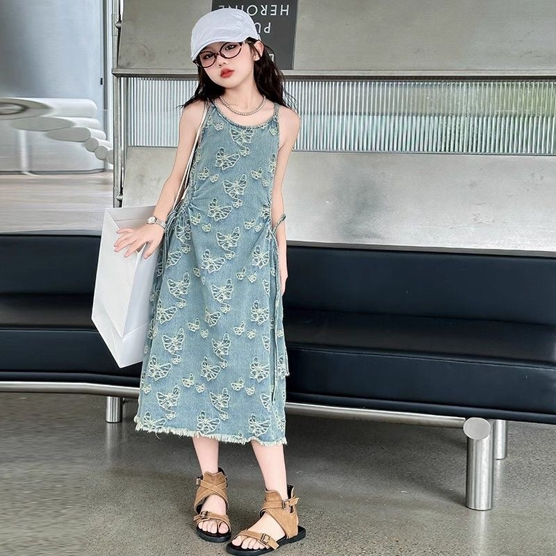 D489 Girls denim dress Western style summer 2024 new children&#039;s summer butterfly suspenders temperament Korean style skirt