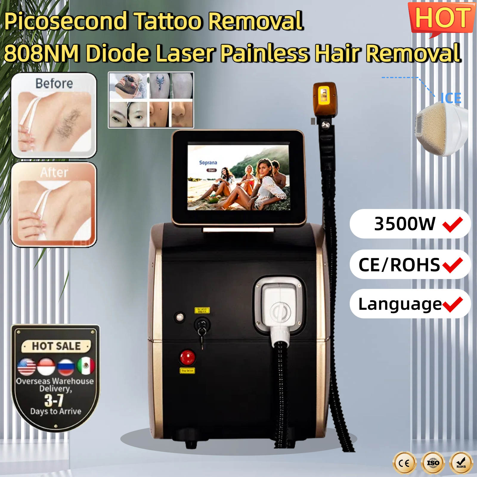 Professional 3000W 808nm Diode Lasers for Pain-Free Permanent Hair Removal Alexandrit Permanent Painless Physical Underarm Body Care Depilation Equi