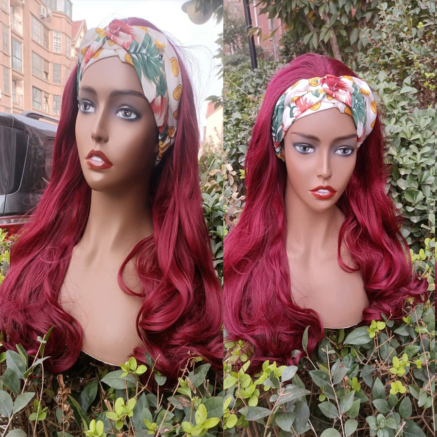 26inch Wavy 99J Color Headband Wig For Women Synthetic Hair Wigs Long body Wave Glueless Wig Wine Red Blonde Wigs