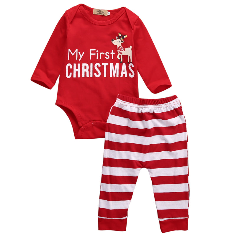 Christmas Lovely Infant Kids Baby Girls Boys 2PCS Sets Letter Print Long Sleeve Romper Striped Pants Party Sets