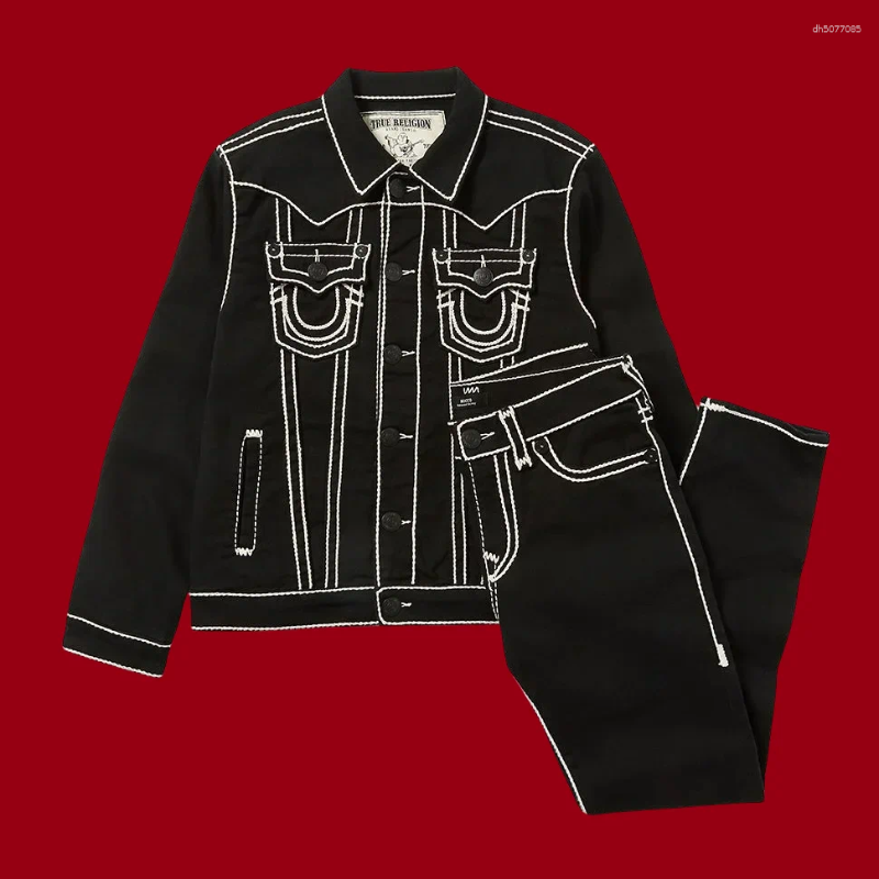 Men&#039;s Tracksuits Street Hip Hop Loose Jeans Motorcycle Jacket Two Piece Set Harajuku Pattern Embroidered