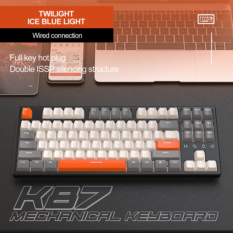 K87 Hot-swap NKRO Type-C Wired Gaming Mechanical Keyboard 87 Keys White-Ice Blue Light Customized Mechanical Keyboards ISSP