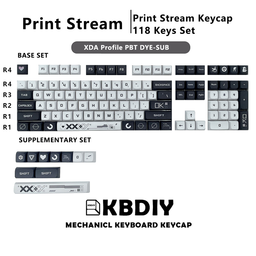 Print Stream Keycap XDA Profile PBT CS GO Keycaps Black White 118 Key Cap Set for Mechanical Gaming Keyboard MX Custom DIY