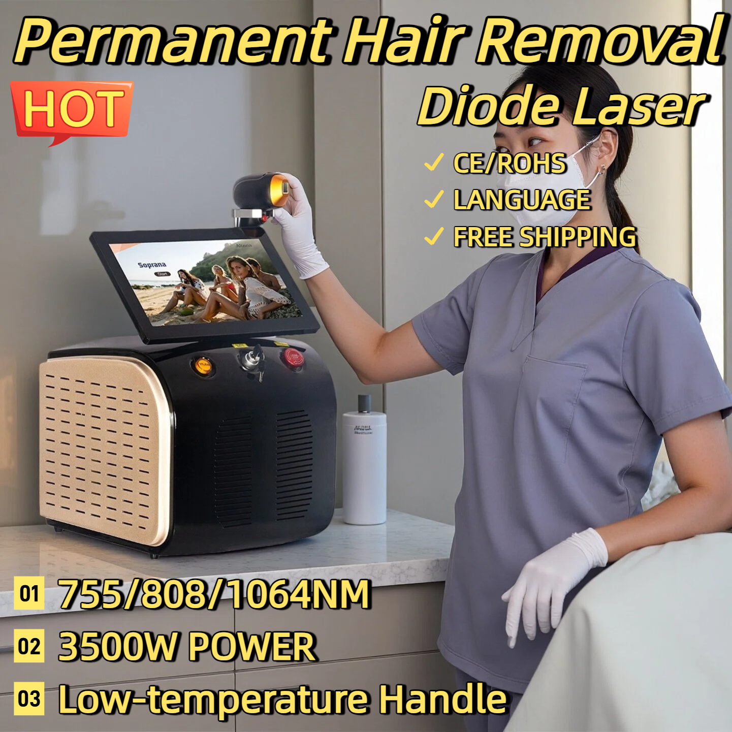 Best Depilator New Ice Platinum Cooling System Skin Care 808nm Diode Laser Hair Removal Machine 3-Wavelength 755-808-1064nm CE-ROHS Salon