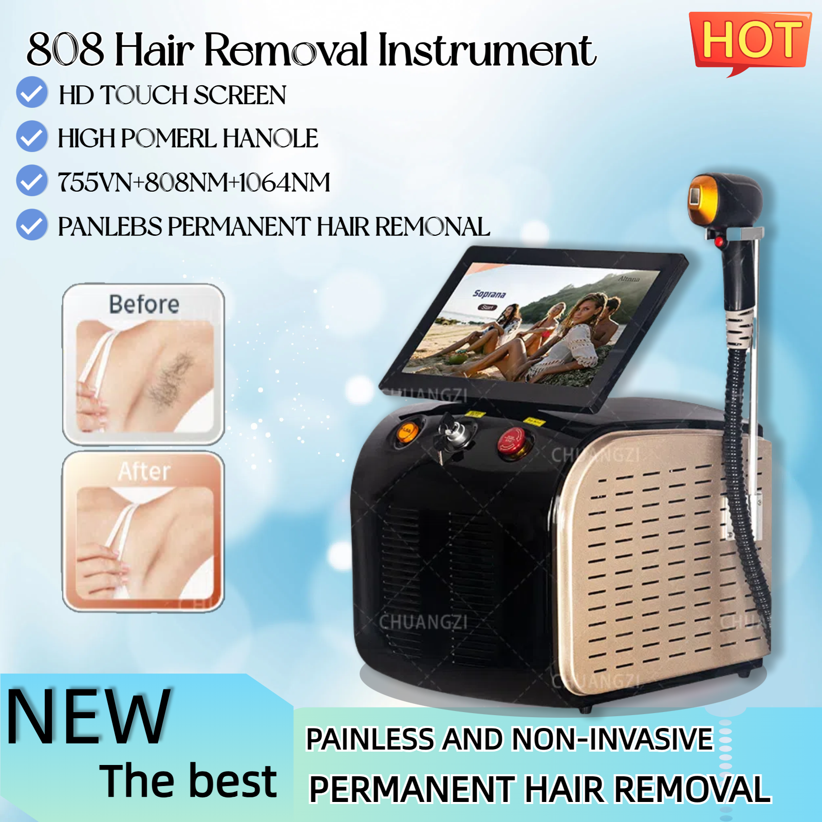 Portable 755nm-808nm-1064nm Alexandrite Device 3 Waves Permanent Professional Diode Ice Titanium Laser Body Hair Removal Machine Painless And Non-tr