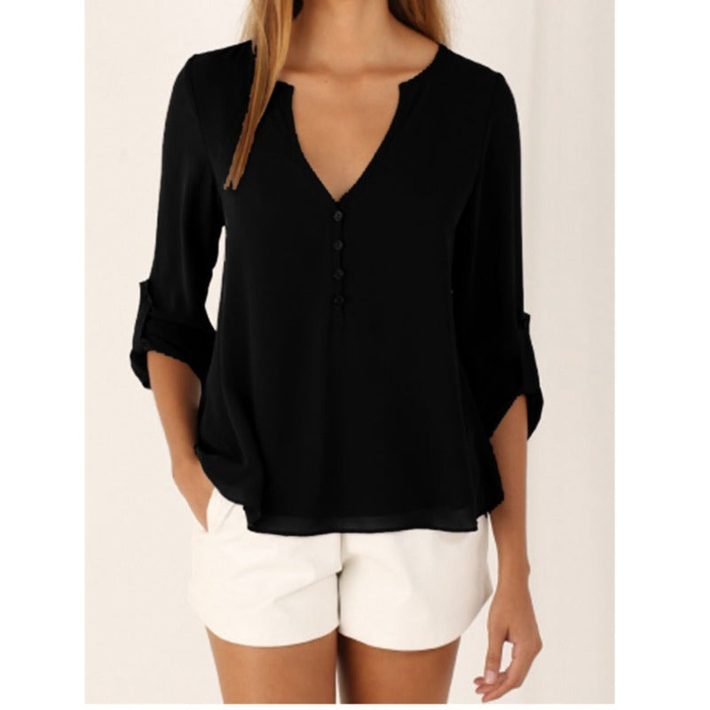 2021 Women Shirts Summer Autumn Casual V-neck Chiffon Blouse Women Tops And Blouses Long Sleeve Black White Ladies Blouse Shirt