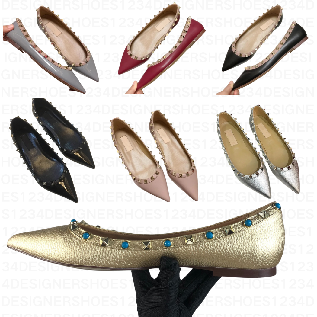 TOP Sandals Designer Rock Studed Women Dress Shoes Pointed Toe Rivet Loafers Summer Boat Woman Ballet Flat Heel Wedding Party Office Plus designer s