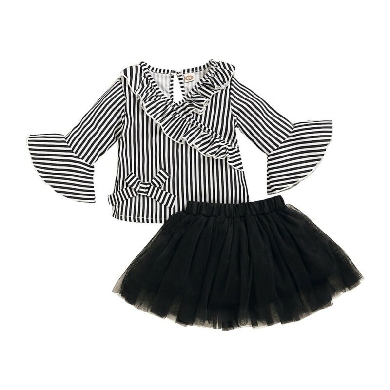 1-4Y Toddler Kids Baby Girls Clothes Sets Outfits Ruffle Long Sleeve Stripe Top Shirt Lace Tutu Skirts Clothes