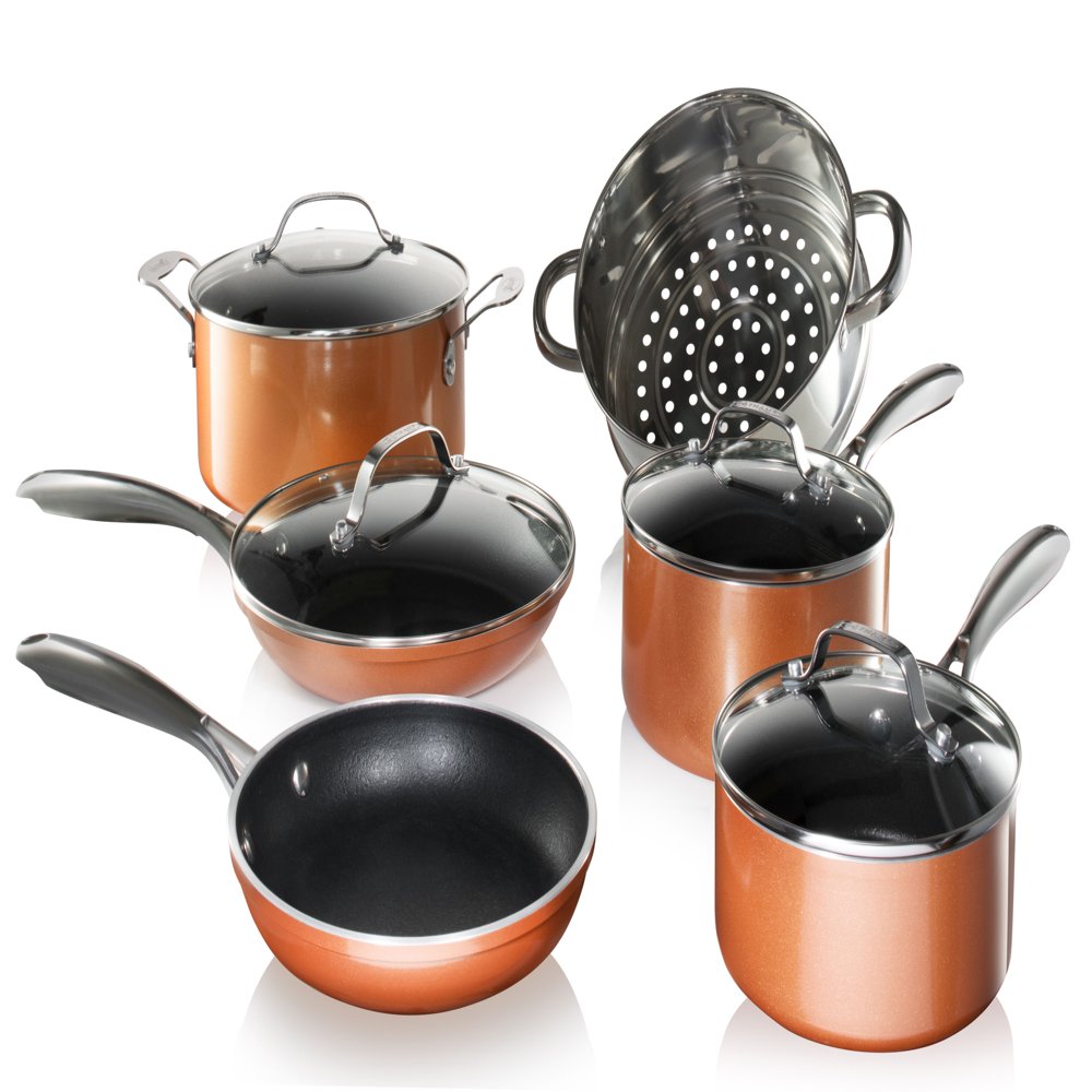 Gotham Steel Copper Cast Pots and Pans Set, 10 Piece Cookware with Nonstick Diamond Surface, Includes Frying Pans, Stock Pots, Saucepans M