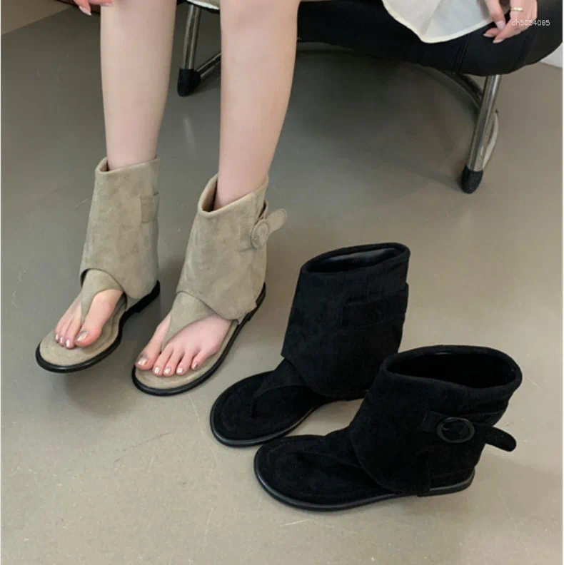 Sandals Straps Round Toe Black Shoes For Women Flip Flops Platform Increasing Height Summer Heels Boot Beige Velvet Fashion Ela