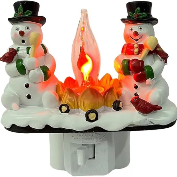 Plug-In Resin 3D Flameless Candle Night Light - Snowman Flameless Campfire Night Light Perfect For Christmas Decoration And Bedroom Atmosphere