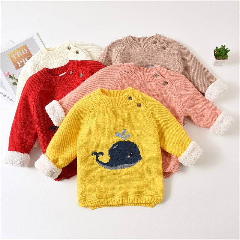 Warm Childrens Sweaters Baby Boys Girls Kid Winter Clothing Infant Cartoon Whale Design Pullovers Toddler O-neck Velvet Sweater