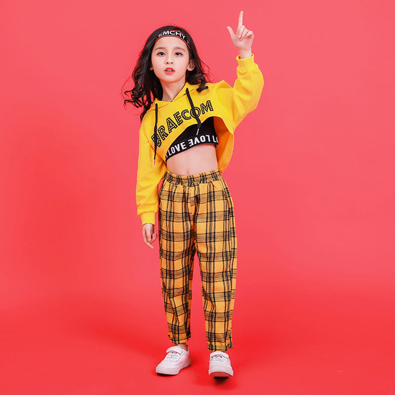 Cool Girls Streetwear Adolescent girls Apparel Three-Piece Sets Childrens Hoodie Tops T-shirt Kids Clothes Plaid Harem Pants