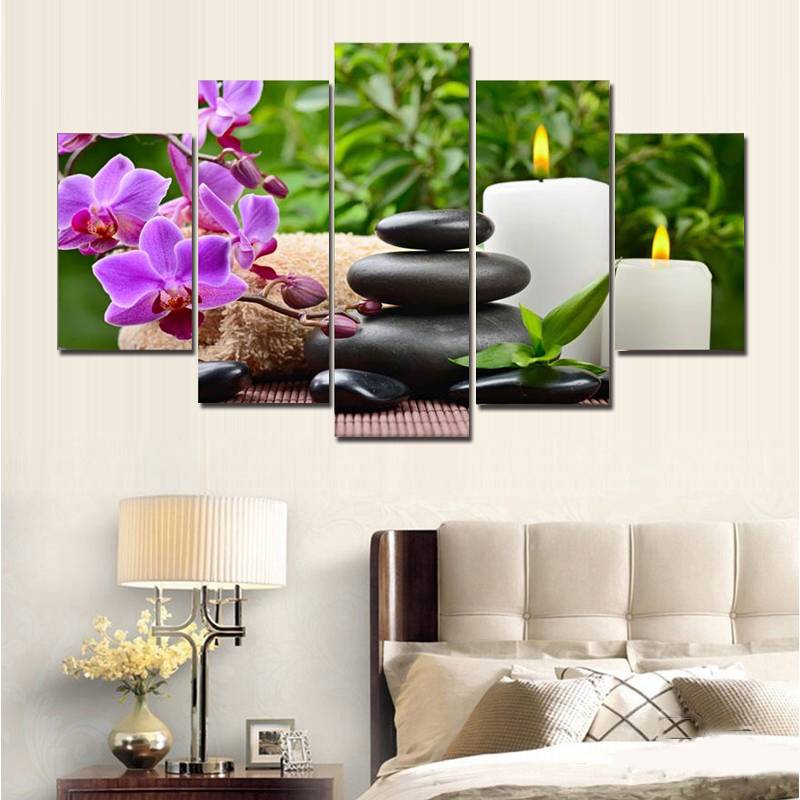 5 Pcs Spa Decor Flower Stone Candle Scenery Picture Printed Modern Canvas Wall Art Picture For Home Linving Decor No Frame