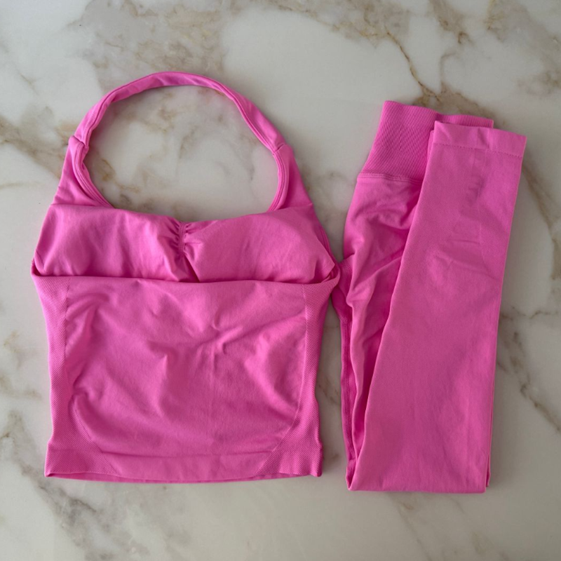 2pcs Gym Set Women Padded Halter Tank Tops High Waist Scrunch Seamless Yoga Leggings Fitness Clothes Workout Sets Gym Suit Activewear Tracksuit Pant