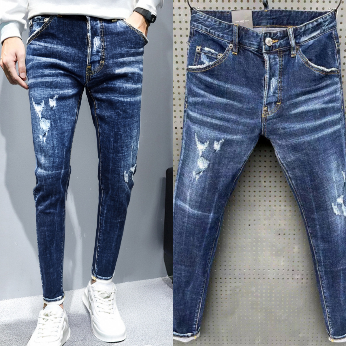 Men Jeans Designer Jeans Hip Hop Fashion Slim Fit Patch Elastic Jeans Denim Pants Straight Leg Jean Casual Trousers