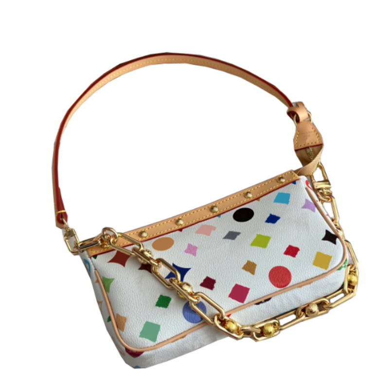 25SS Takashi Murakami Colorful Flower Pochette Bag Women Luxurys Designers Bags Leather Totes Handbag Croissant Wallets Bag Purse Messenger Pouch