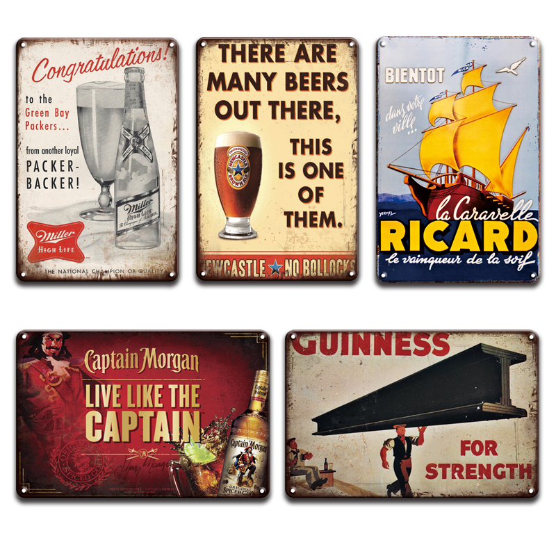 RICARD Guinness Beer Metal Wall Art Tin Sign VIntage Bacardi Captain Morgan Metal Poster Sign Pub Bar Kitchen Cafe Home Decor