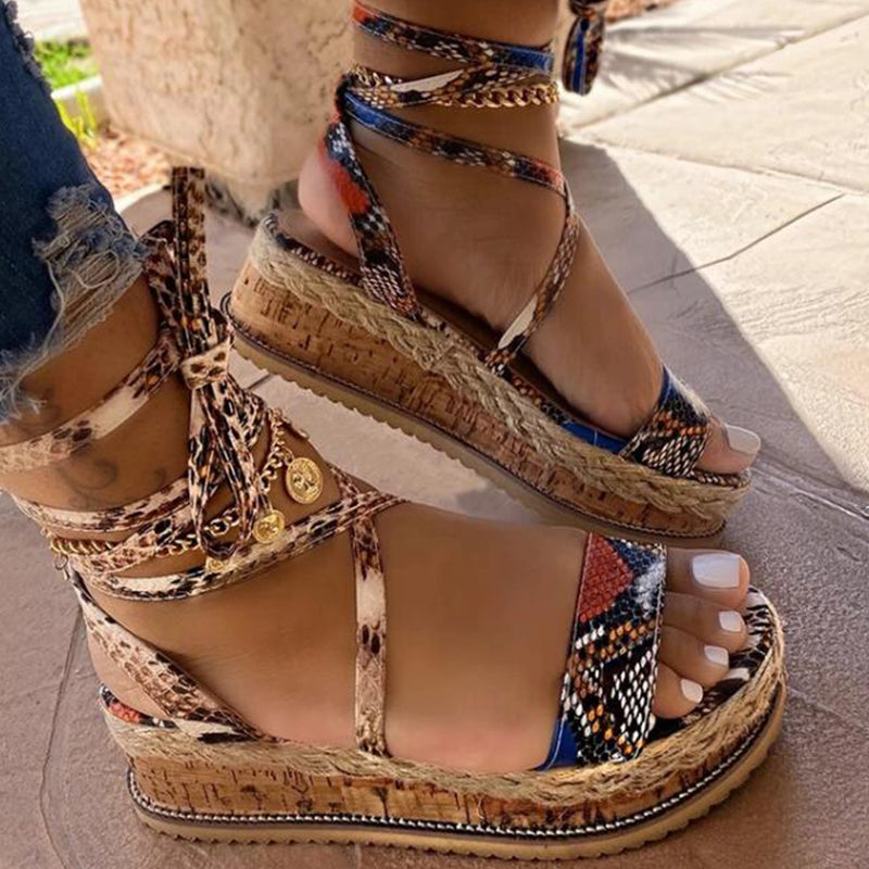 Wedges Heels Fashion Shoelaces Snake Printed Summer INS Hot Shoes Women Sandals1