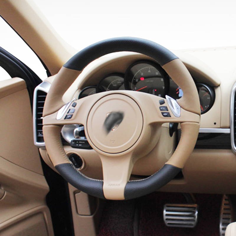 Brown & Black Hole Leather Brown Thread Steering Wheel Hand Sewing Wrap Cover Fit For Porsche Cayenne - Panamera 2010-2011 car accessories