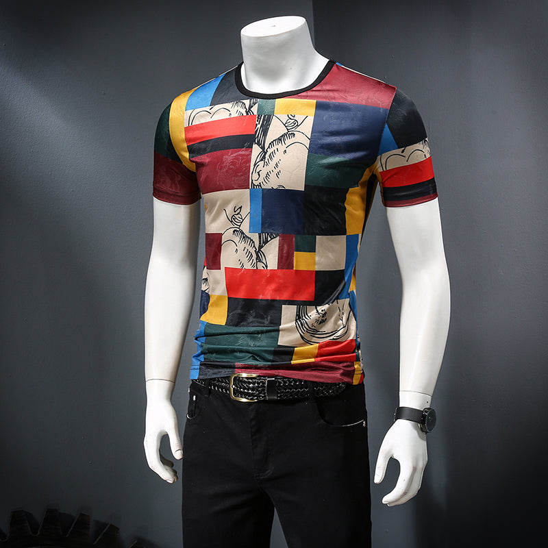 Summer new flower short-sleeved T-shirt men&#039;s Korean version of Slim casual printing half-sleeved youth trend personality compassionate