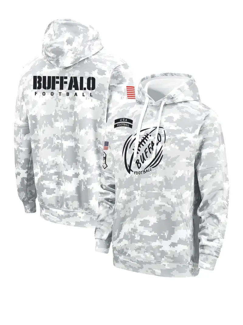 Camouflage Football Hooded Sweatshirt - 100% Polyester, Casual Style, Hooded Collar, Slight Stretch Fabric, Alphabet Pattern, Long Regular Sleeve, F