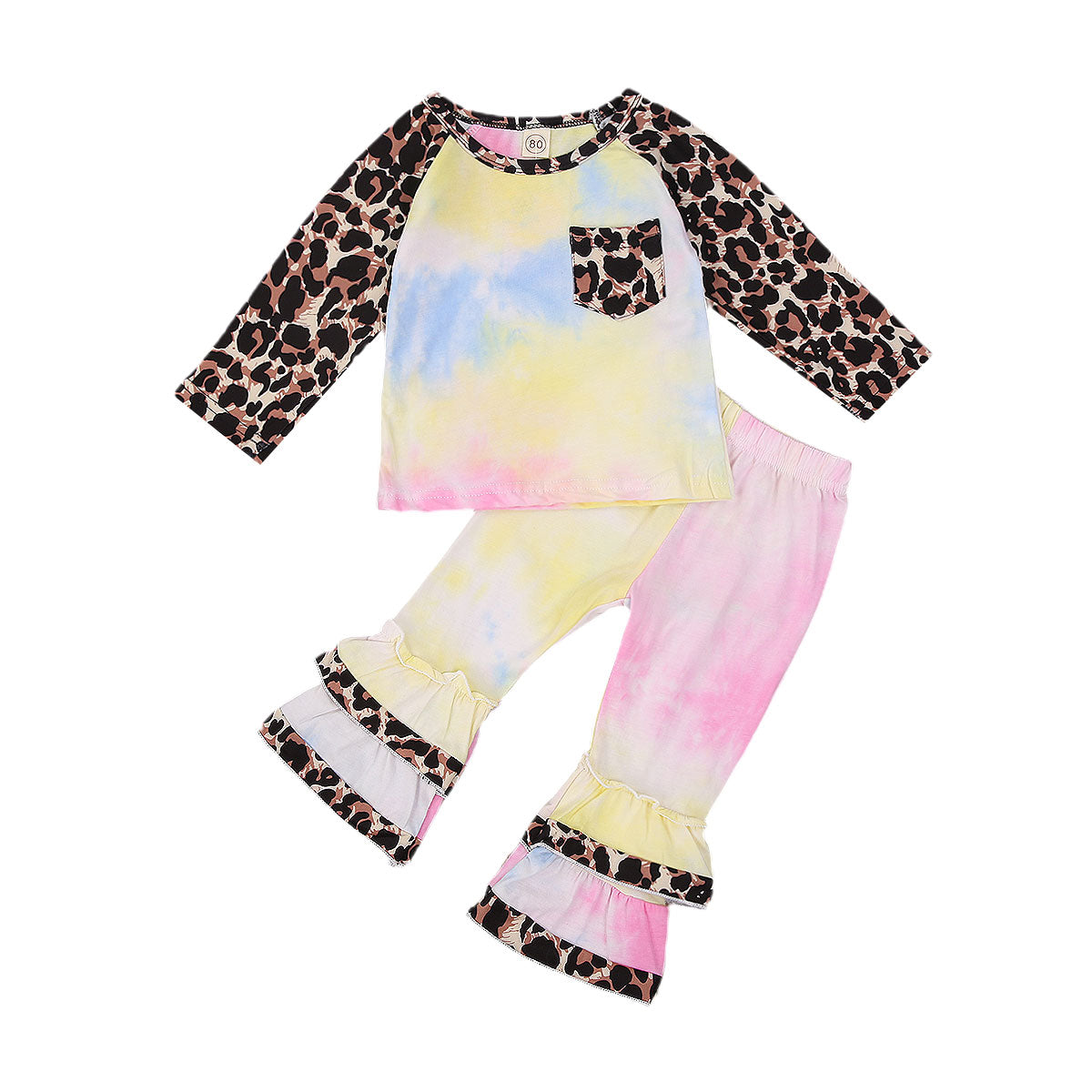 1-5Y Lovely Infant Baby Girls Clothes Sets Leopard Tie-Dye Printed Ruffles Long Sleeve Pullover Tops Pants 2pcs